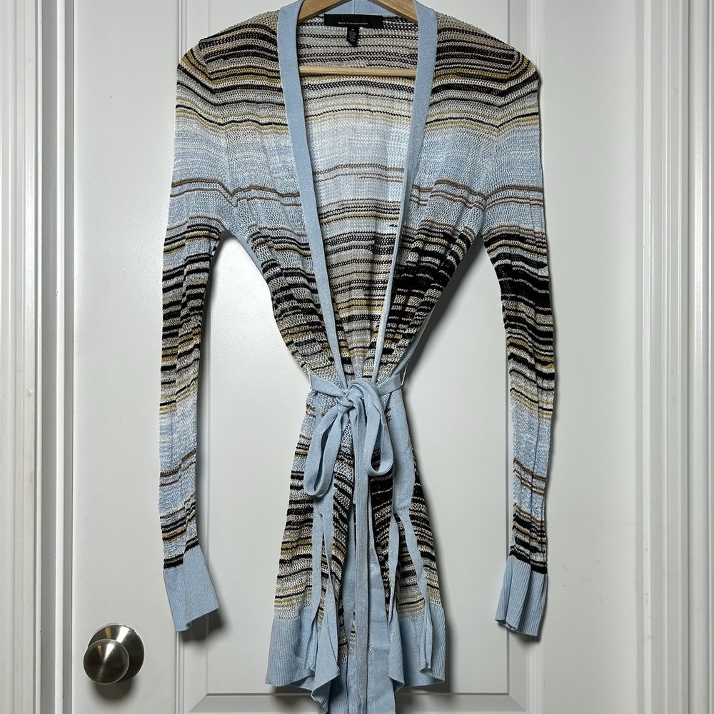 White House Black Market Multicolor Open Weave Knit Stripe Belted Wrap Cardigan
